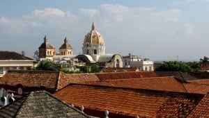 Picture of Latin American Catholic Church from the rooftop in Cartegena, Colombia.